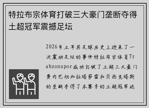 特拉布宗体育打破三大豪门垄断夺得土超冠军震撼足坛 特拉布宗体育打破三大豪门垄断夺得土超冠军震撼足坛