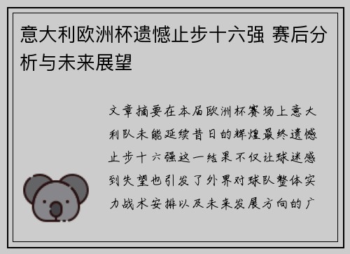 意大利欧洲杯遗憾止步十六强 赛后分析与未来展望 意大利欧洲杯遗憾止步十六强 赛后分析与未来展望